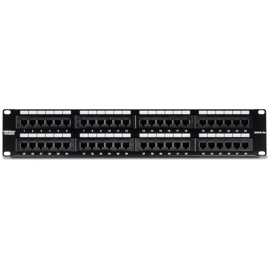 TRENDnet 48-Port Cat5-5e RJ-45 UTP Unshielded Patch Panel, Wallmount Or Rackmount, 100Mhz, Cat5e Krone Connectors, Color-Coded Labeling, Cat3,Cat5e,Cat4,Cat3 Compatible, 2U Rackmount, Black, TC-P48C5E TC-P48C5E