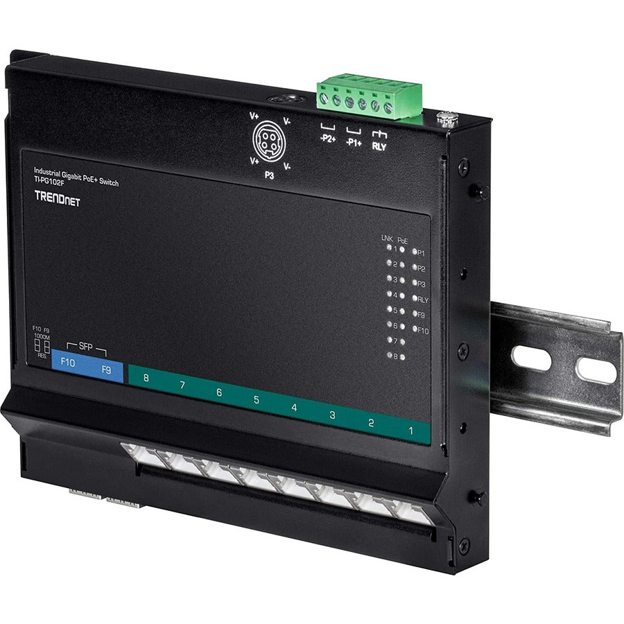 TRENDnet 10-Port Industrial Gigabit PoE+ Wall-Mounted Front Access Switch; TI-PG102F; 8x Gigabit PoE+ Ports; 2 x Gigabit SFP Slots; 240W PoE Budget; DIN-Rail & Wall Mount Brackets Included; IP30 Rated TI-PG102F