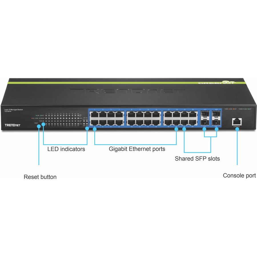Switch TRENDnet 24 ports Gigabit Layer 2 avec 4 emplacements Mini-GBIC partagés ; Capacité de commutation de 48 Gbit/s ; SNMP ; Protection à vie ; TL2-G244 TL2-G244