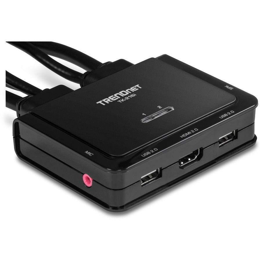 TRENDnet Commutateur KVM HDMI 4K 2 ports avec audio, TK-216i, 4K UHD (3840 x 2160 à 60 Hz, haut-parleur/microphone 3,5 mm, commutateur USB 2 ordinateurs, USB 2.0, HDMI 2.0, prise en charge audio HDMI 5.1, moniteur partage USB Commutateur TK-216I
