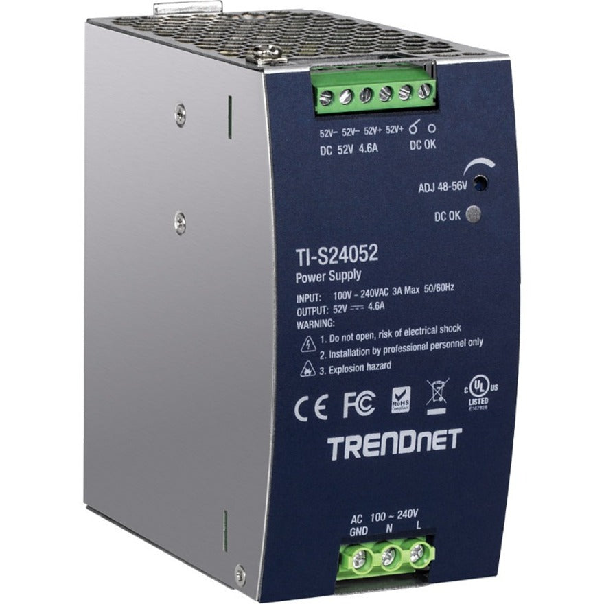 TRENDnet Alimentation industrielle 240 W 52 V CC, 4,61 A CA vers CC sur rail DIN, fonction de contrôleur de facteur de puissance intégrée, plage de températures de fonctionnement extrêmes -25° - 70° C (-13° - 158° F), argent, TI- S24052 TI-S24052