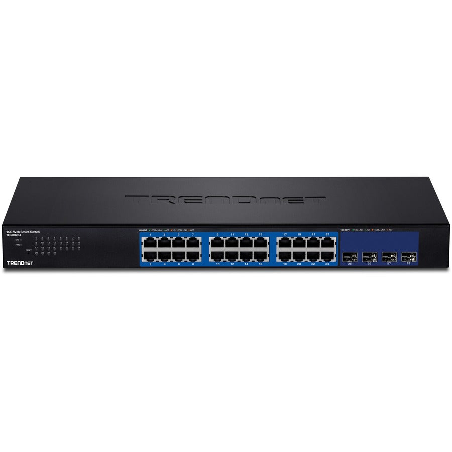 TRENDnet Commutateur intelligent Web 28 ports, 24 ports Gigabit, 4 emplacements SFP+ 10G, liaisons montantes réseau haut débit, capacité de commutation 128 Gbit/s, commutateur réseau Ethernet, montable en rack 1U, noir, TEG-30284 TEG-30284