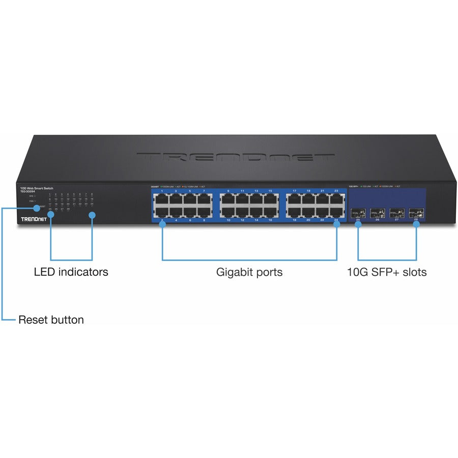 TRENDnet Commutateur intelligent Web 28 ports, 24 ports Gigabit, 4 emplacements SFP+ 10G, liaisons montantes réseau haut débit, capacité de commutation 128 Gbit/s, commutateur réseau Ethernet, montable en rack 1U, noir, TEG-30284 TEG-30284
