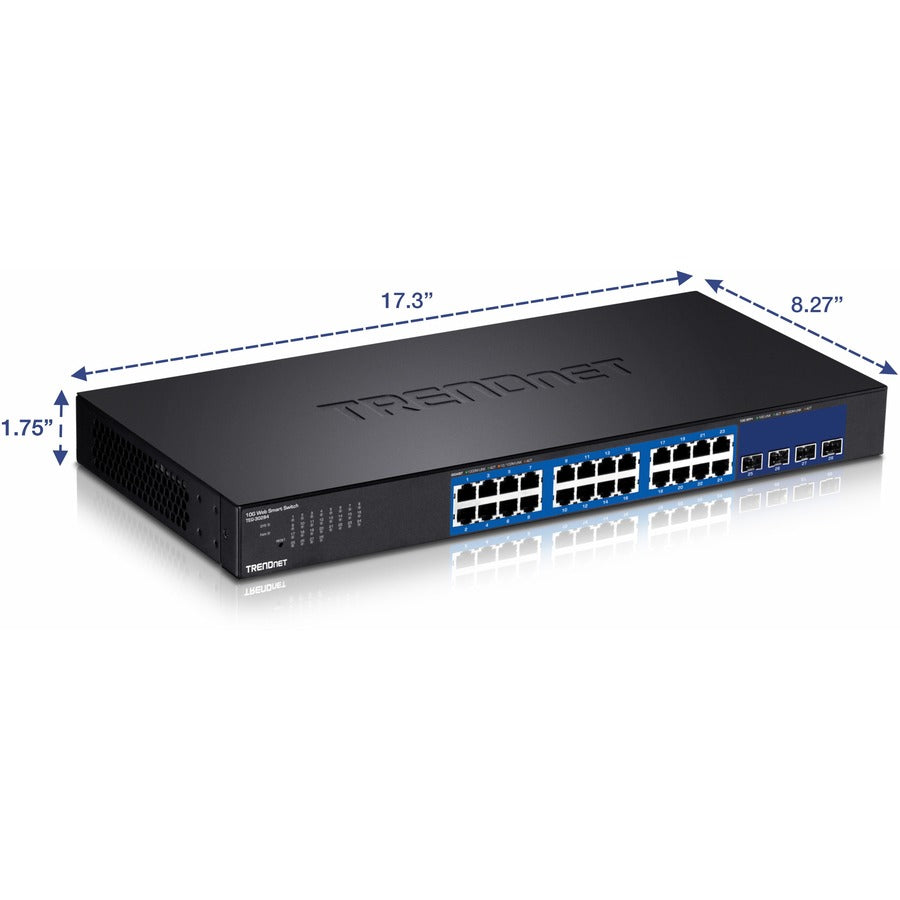 TRENDnet Commutateur intelligent Web 28 ports, 24 ports Gigabit, 4 emplacements SFP+ 10G, liaisons montantes réseau haut débit, capacité de commutation 128 Gbit/s, commutateur réseau Ethernet, montable en rack 1U, noir, TEG-30284 TEG-30284