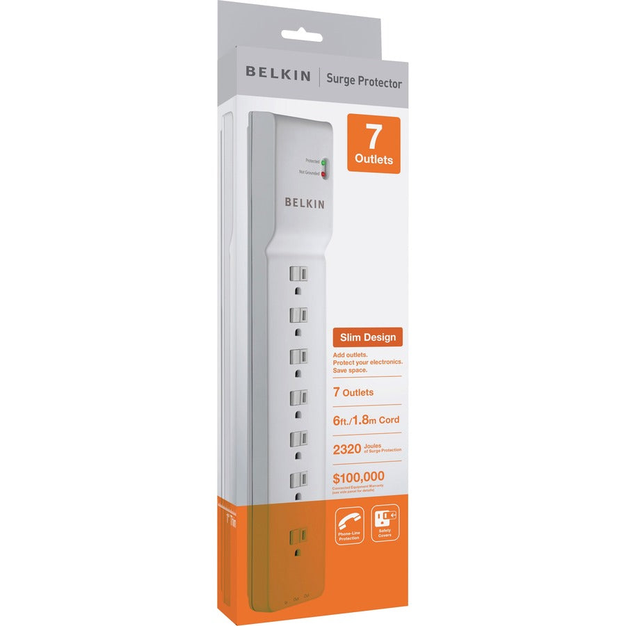 Belkin 7 Outlet Home/Office Surge Protector - 6 foot Cable - White -2160 Joules BE10720006