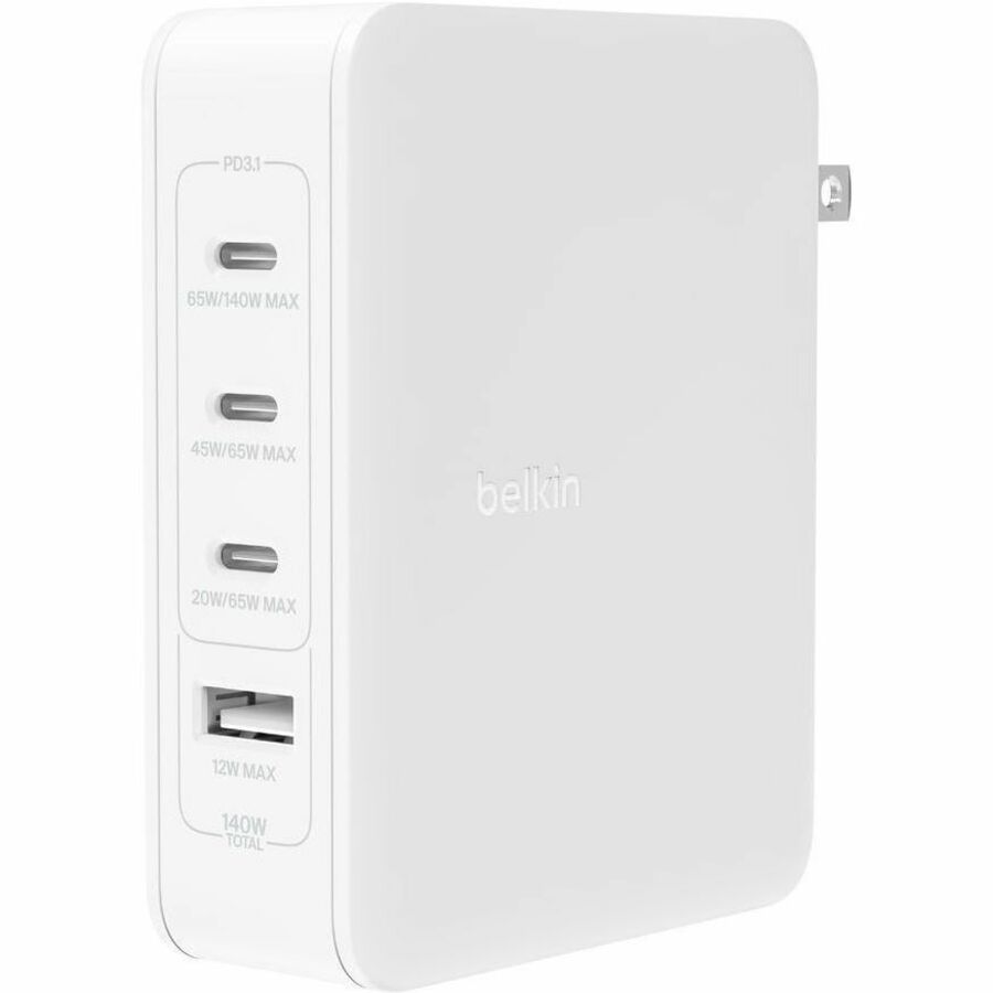 Belkin 140W Portable 4-Port GaN Wall Charger - 3xUSB-C, 1xUSB-A (140W Total) - Fast Charging - Power Adapter - White WCH014dqWH