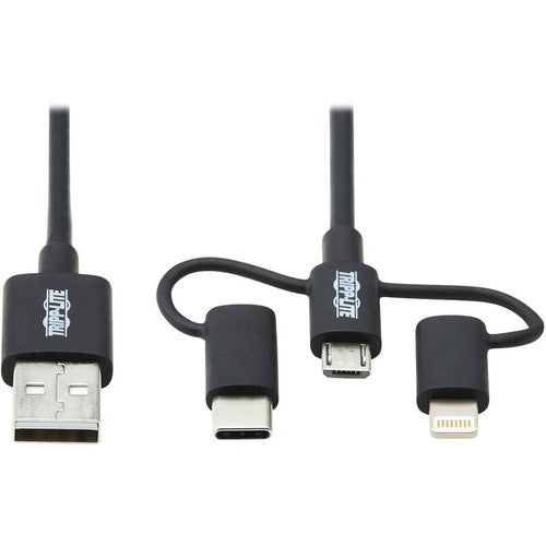 Câble de synchronisation/charge Tripp Lite USB-A vers Lightning, USB Micro-B et USB-C, noir, 6 pieds M101-006-LMC-BK