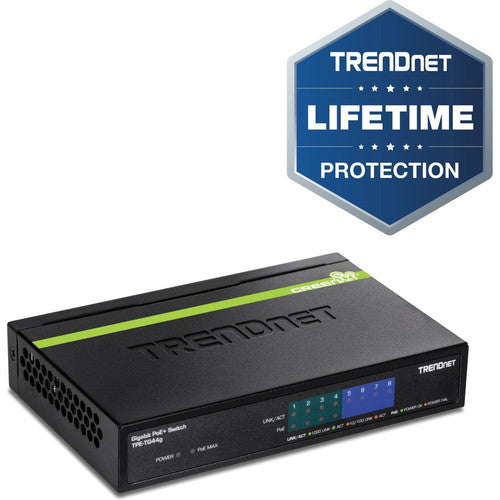 TRENDnet Switch Gigabit GREENnet PoE+ 8 ports, 4 ports Gigabit PoE-PoE+, 4 x ports Gigabit, budget d'alimentation 61 W, capacité de commutation 16 Gbit/s, commutateur Ethernet non géré, protection à vie, noir, TPE-TG44G TPE-TG44g