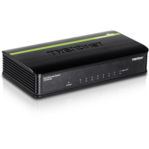 Commutateur de bureau Ethernet GREENnet 10/100 Mbps non géré TRENDnet à 8 ports ; TE100-S8 ; 8 ports Ethernet 10/100 Mbit/s ; Capacité de commutation de 1,6 Gbit/s ; Boîtier en plastique ; Commutateur Ethernet réseau ; Prêt à l'emploi TE100-S8