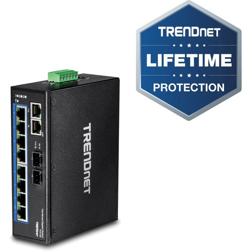 TRENDnet Commutateur Gigabit industriel renforcé sur rail DIN à 10 ports, capacité de commutation de 20 Gbit/s, rail DIN et supports muraux inclus, double redondance, deux ports RJ-45/SFP, protection à vie, noir, TI-G102 TI-G102