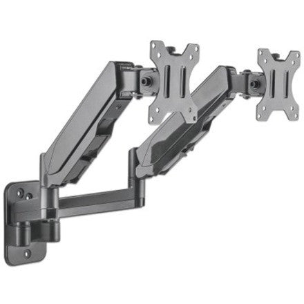 Manhattan TV & Monitor Mount, Wall, Full Motion (Gas Spring), 2 screens, Screen Sizes: 17-32" , Black, Dual Screen, VESA 75x75 to 100x100mm, Max 8kg (each), Tilt & Swivel with 3 Pivots, Lifetime Warranty 461627