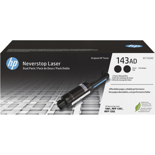 Cartouche de toner laser authentique HP 143AD - Paquet double - Noir - 2 / Paquet W1143AD