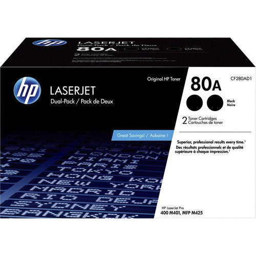 Cartouche de toner laser originale HP 80A (CF280AD1) - Noir - 2 / Carton CF280AD1