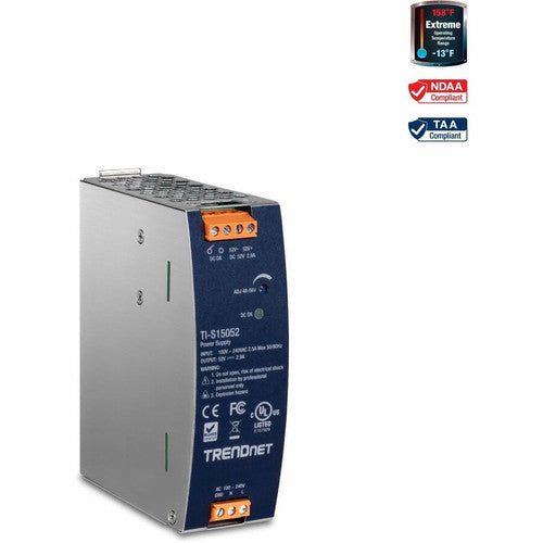 TRENDnet 150W, 52V DC, 2.89A AC to DC DIN-Rail Industrial Power Supply, Built-In Power Factor Controller Function, Extreme Operating Temperature Range -25° - 70° C (-13° - 158° F), Silver, TI-S15052 TI-S15052