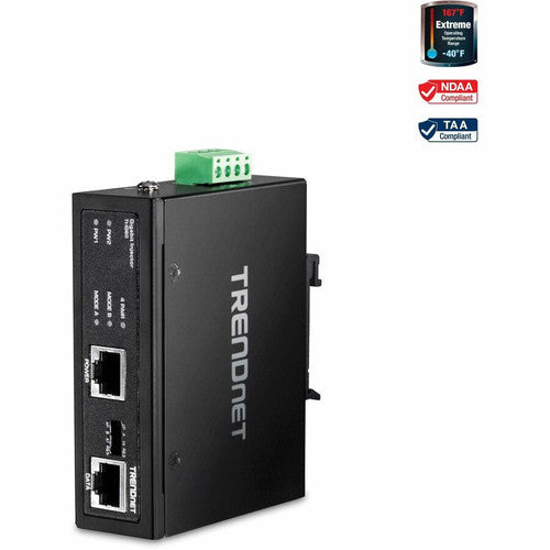 Injecteur PoE+ Gigabit industriel durci 60 W TRENDnet, montage sur rail DIN, boîtier classé IP30, comprend des supports sur rail DIN et muraux, TI-IG60 TI-IG60
