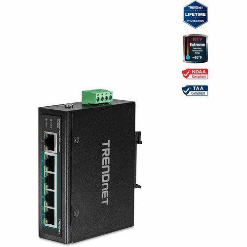 Commutateur Gigabit industriel non géré renforcé à 5 ports TRENDnet ; TI-PG50 ; 10/100/1000Mbps ; commutateur sur rail DIN ; 4 ports Gigabit PoE+ ; 1 port Gigabit ; Commutateur réseau Gigabit Ethernet ; Protection à vie TI-PG50