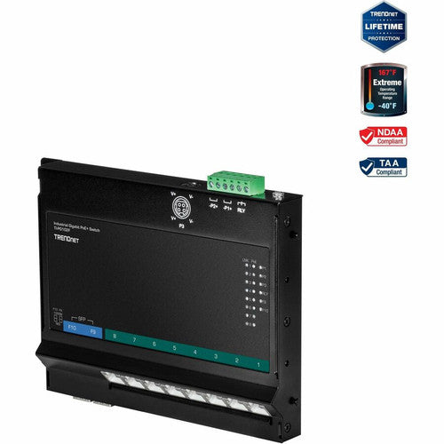 TRENDnet 10-Port Industrial Gigabit PoE+ Wall-Mounted Front Access Switch; TI-PG102F; 8x Gigabit PoE+ Ports; 2 x Gigabit SFP Slots; 240W PoE Budget; DIN-Rail & Wall Mount Brackets Included; IP30 Rated TI-PG102F