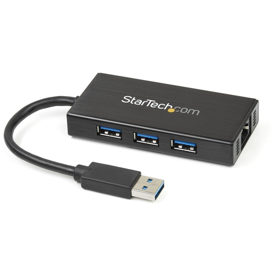 StarTech.com 3 Port Portable USB 3.0 Hub with Gigabit Ethernet Adapter NIC - Aluminum w/ Cable ST3300GU3B