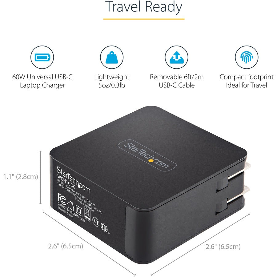 StarTech.com Chargeur mural USB C, 60 W PD avec câble de 2 m, chargeur portable USB de type C pour ordinateur portable, adaptateur universel, certifié USB IF/ETL WCH1CBK