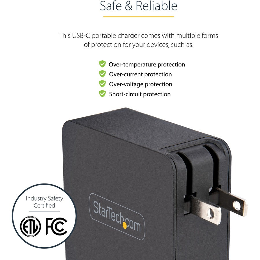 StarTech.com Chargeur mural USB C, 60 W PD avec câble de 2 m, chargeur portable USB de type C pour ordinateur portable, adaptateur universel, certifié USB IF/ETL WCH1CBK