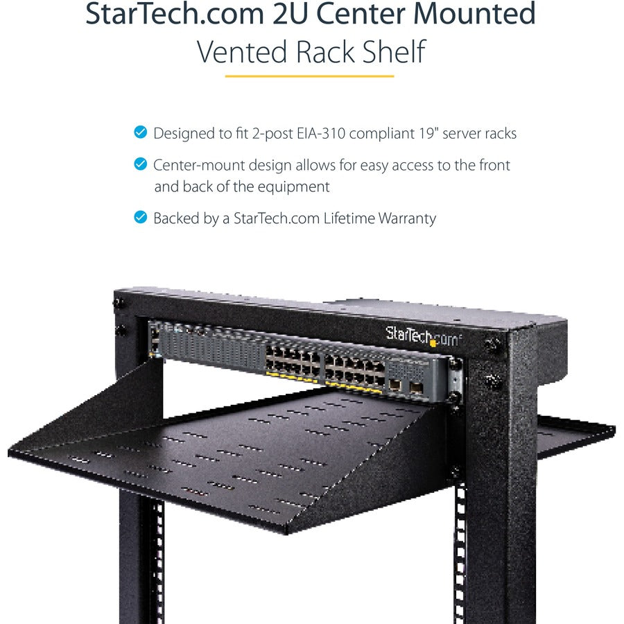 StarTech.com 2U Vented Server Rack Cabinet Shelf - Fixed 20" Deep Cantilever Rackmount Tray for 19" Data/AV/Network Enclosure w/Cage Nuts SHELF-2U-20-CENTER-V
