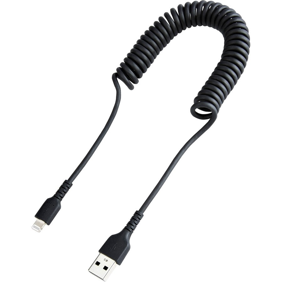 StarTech.com 1m (3ft) USB to Lightning Cable, MFi Certified, Coiled iPhone Charger Cable, Black, Durable TPE Jacket Aramid Fiber RUSB2ALT1MBC