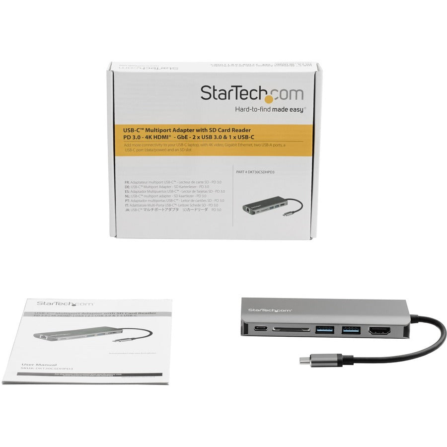 StarTech.com USB C Multiport Adapter - USB Type-C Travel Dock to 4K HDMI, 3x USB Hub, SD, GbE, 60W PD 3.0 Pass-Through - Mini Laptop Dock DKT30CSDHPD3