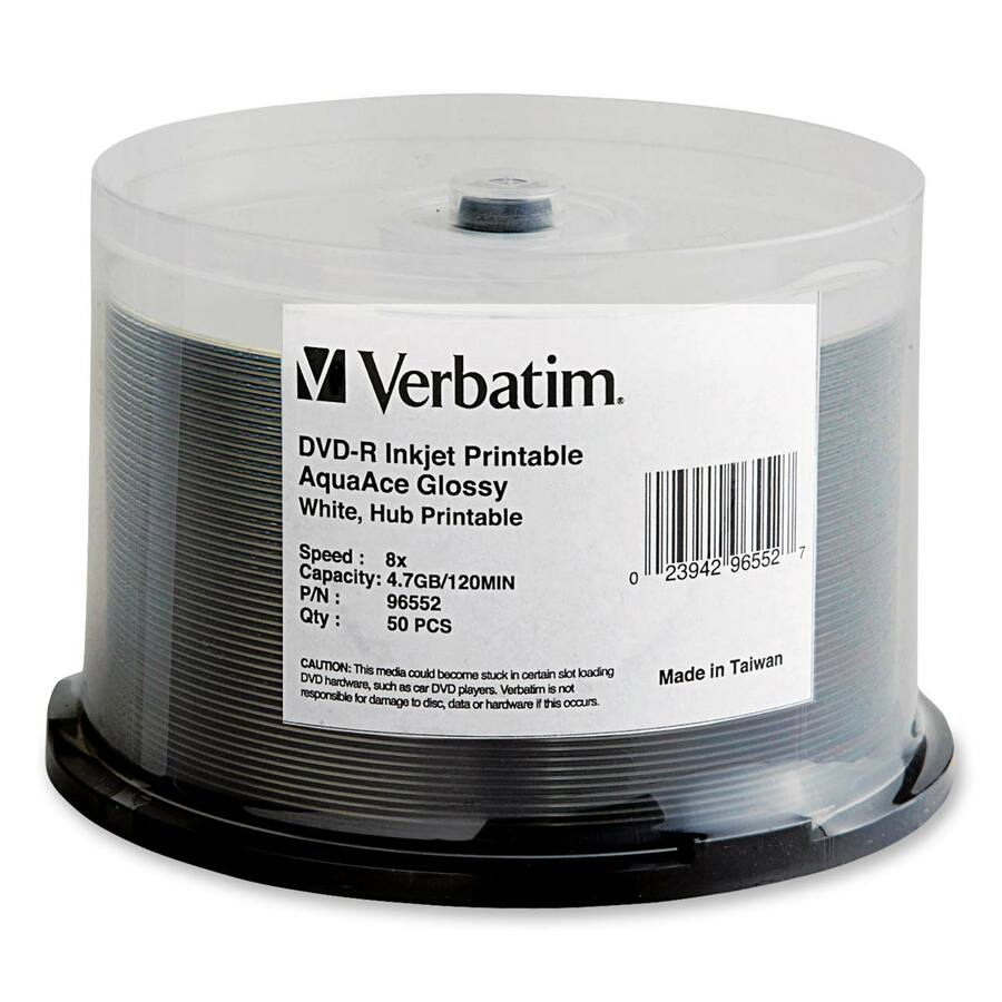 Verbatim DVD-R 4.7GB 8X Aqua Ace White Glossy Inkjet Printable Surface, Hub Printable - 50pk Spindle 96552