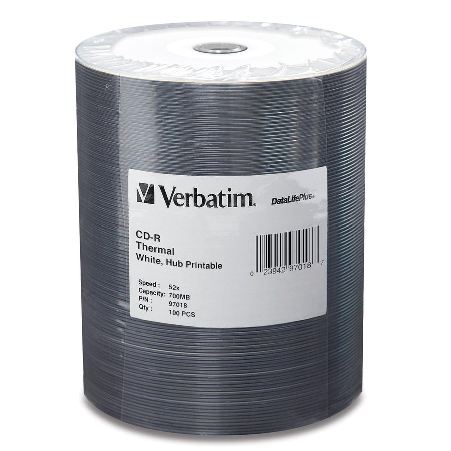 Verbatim CD-R 700MB 52X DataLifePlus White Thermal Printable, Hub Printable - 100pk Tape Wrap 97018