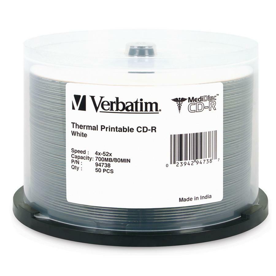 Verbatim MediDisc CD-R 700MB 52X White Thermal Printable with Branded Hub - 50pk Spindle 94738