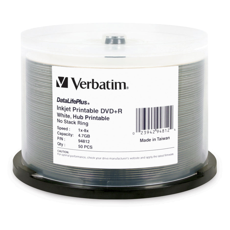 Verbatim DVD+R 4.7GB 8X DataLifePlus White Inkjet Printable, Hub Printable - 50pk Spindle 94812