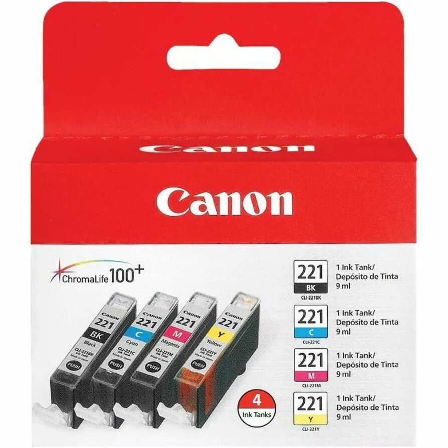 Canon CLI-221 Inkjet Ink Cartridge - Black, Yellow, Cyan, Magenta - 4 / Pack 2946B017