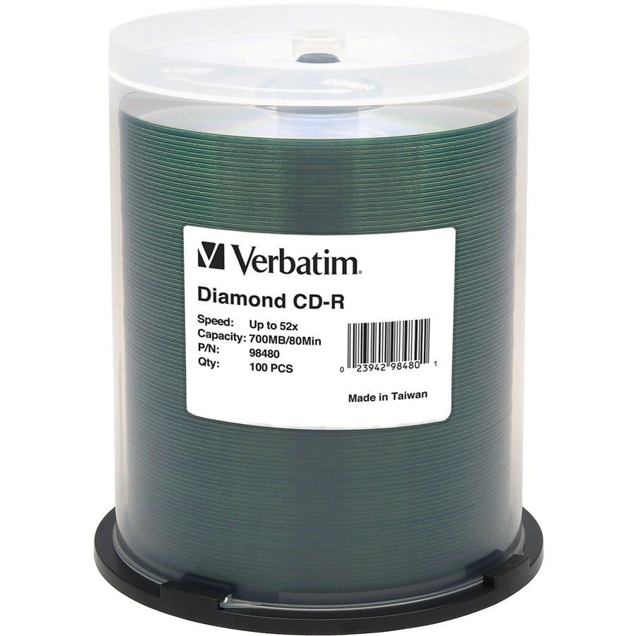 Verbatim CD-R 700MB 52X Diamond Silk Screen Printable, Hub Printable - 100pk Tape Wrap 98480