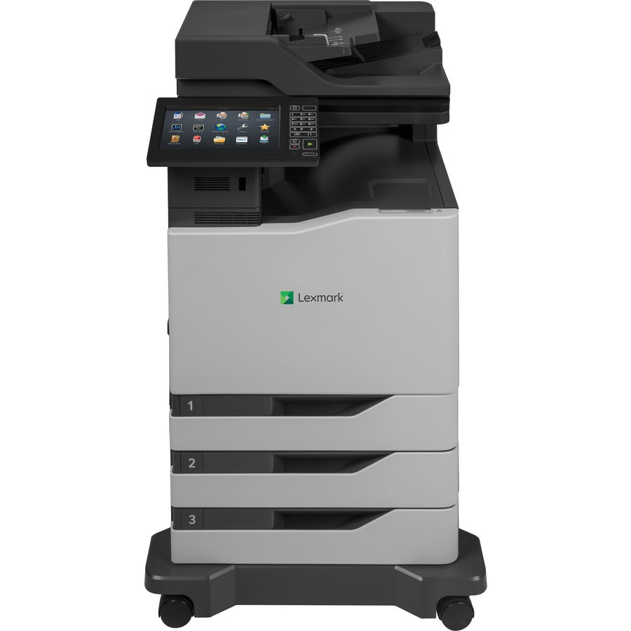 Lexmark CX825dte Laser Multifunction Printer-Color-Copier/Fax/Scanner-55 ppm Mono/55 ppm Color Print-1200x1200 Print-Automatic Duplex Print-250000 Pages Monthly-1750 sheets Input-Color Scanner-1200 Optical Scan-Color Fax-Gigabit Ethernet 42K0041