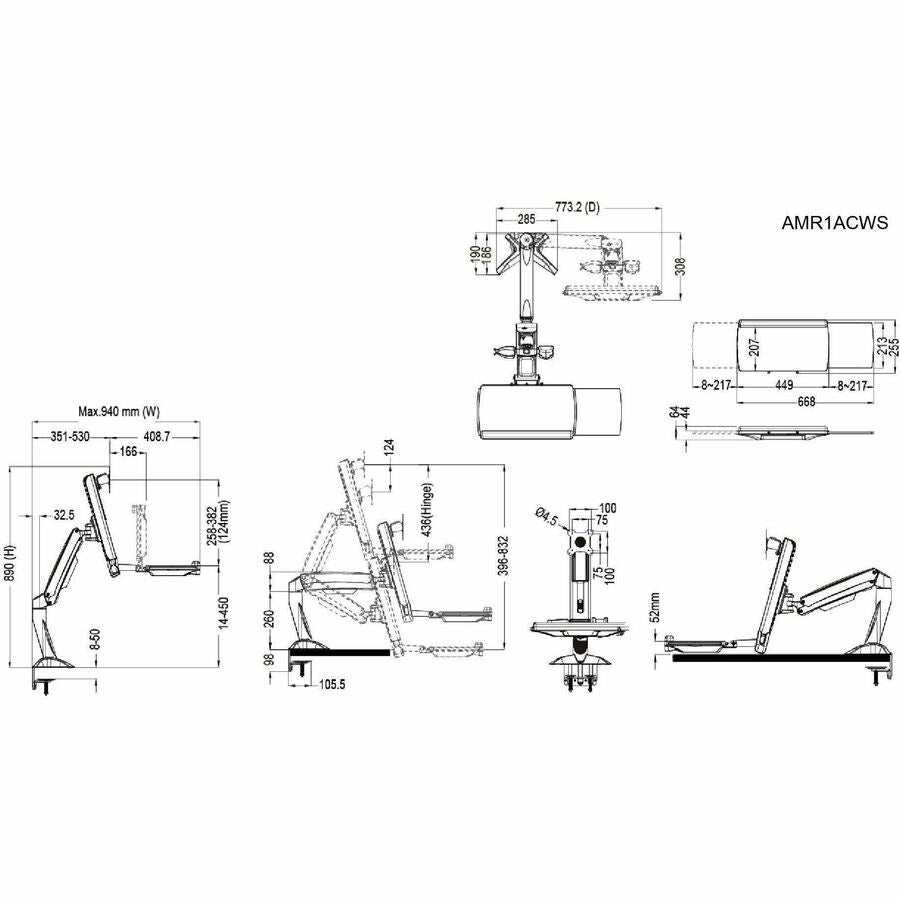 Amer Mounts Single Arm Clamp Mount Workstation (Dual Display and Keyboard) Supports Flat Panel Size up to 24" AMR1ACWS AMR1ACWS