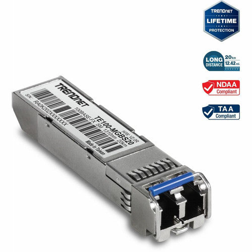 Module LC monomode TRENDnet SFP vers RJ45 100Base-FX ; TE100-MGBS20 ; Jusqu'à 20 km (12,4 milles); Compatible SFP standard ; Vitesses jusqu'à 155 Mbps ; Compatible fibre LC duplex ; 1310 nm ; Protection à vie TE100-MGBS20