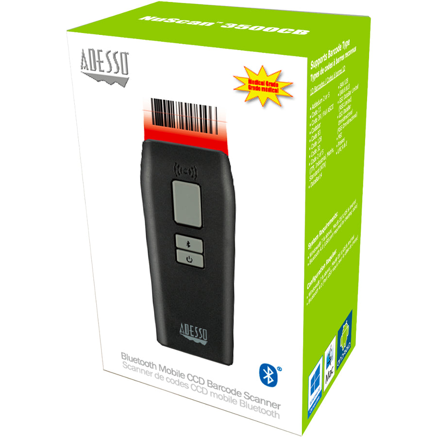 Adesso NuScan 3500CB Bluetooth Mobile Waterproof Antimicrobial CCD Barcode Scanner NUSCAN 3500CB