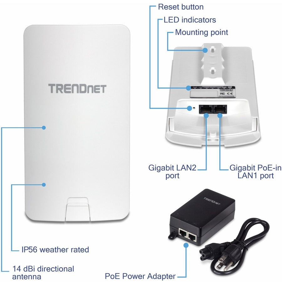 TRENDnet 14 DBI WiFi AC867 Outdoor Poe Preconfigured Point-to-Point Bridge Kit; 4 DBI Directional Antennas; for Point-to-Point WiFi Bridging Applications; 5GHz; AC867; TEW-840APBO2K TEW-840APBO2K