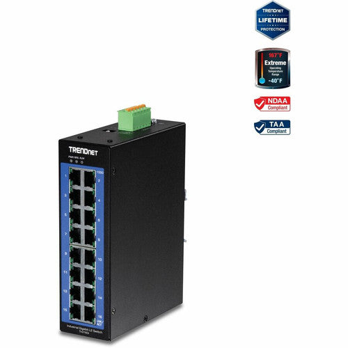 TRENDnet Commutateur industriel Gigabit L2 géré sur rail DIN 16 ports, commutateur couche 2, 16 ports Gigabit, capacité de commutation 32 Gbit/s, commutateur Gigabit pour températures extrêmes, protection à vie, noir, TI-G160i TI-G160I