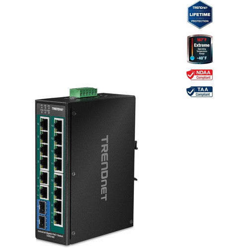 Commutateur sur rail DIN Gigabit PoE+ non géré industriel renforcé à 16 ports TRENDnet ; TI-PG162 ; 14 ports Gigabit ; 2 emplacements Gigabit SFP ; 32 Gbit/s ; Commutateur Ethernet réseau Gigabit IP30 ; Protection à vie TI-PG162