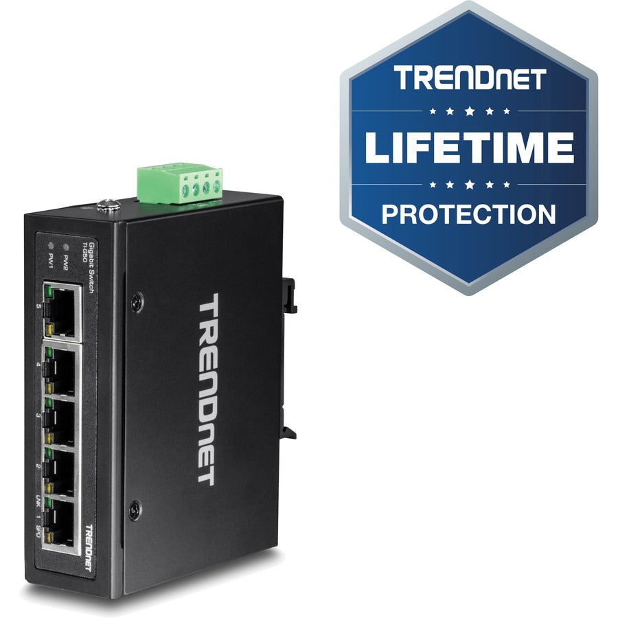 TRENDnet 5-Port Hardened Industrial Gigabit DIN-Rail Switch, 10 Gbps Switching Capacity, IP30 Rated Network Switch (-40 to 167 ?F), DIN-Rail & Wall Mounts Included, Lifetime Protection, Black, TI-G50 TI-G50