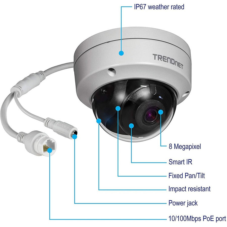 TRENDnet Indoor Outdoor 8MP 4K H.265 120dB WDR PoE Dome Network Camera, IP67 Weather Rated Housing, SmartCovert IR Night Vision Up To 30m (98 ft.), MicroSD Card Slot, White, TV-IP1319PI TV-IP1319PI