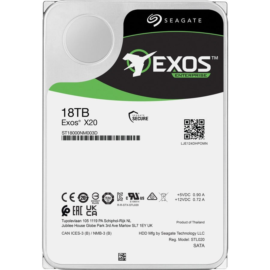 Seagate Exos X20 ST18000NM003D 18 TB Hard Drive - Internal - SATA (SATA/600) - Conventional Magnetic Recording (CMR) Method ST18000NM003D