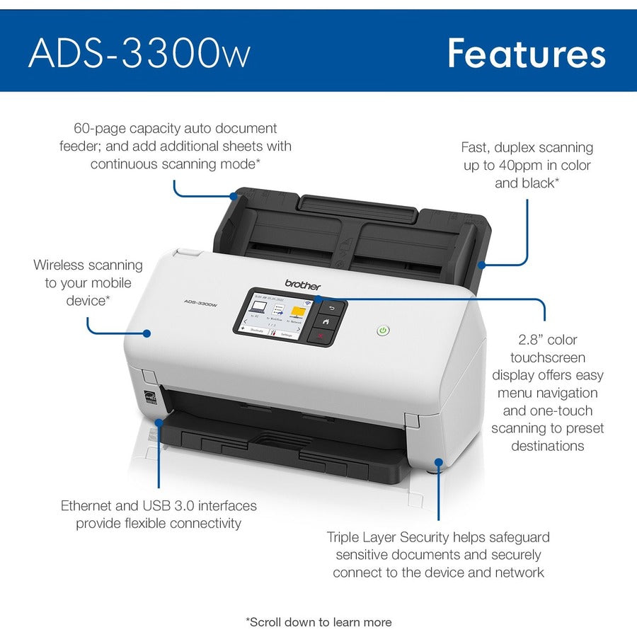 Brother ADS-3300W Sheetfed Scanner - 600 x 600 dpi Optical ADS3300W