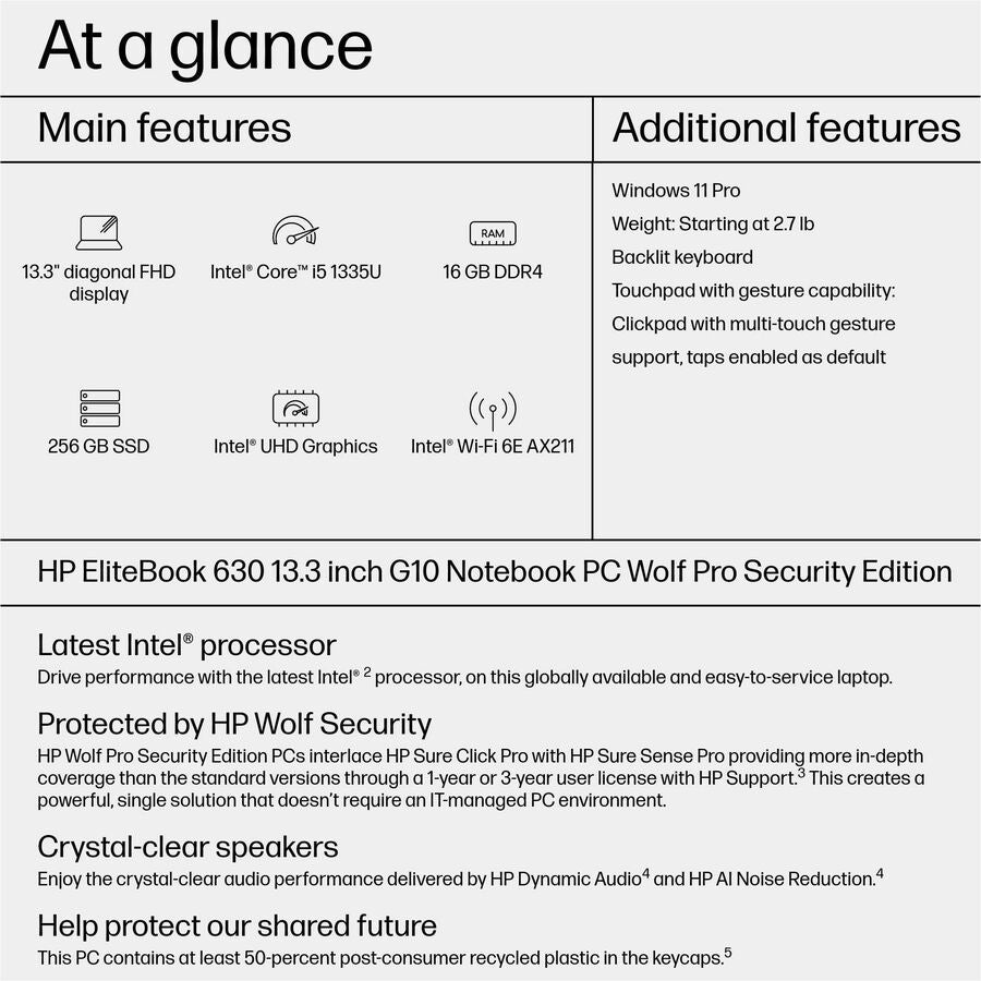 HP EliteBook 630 G10 13.3" Notebook - Full HD - Intel Core i5 13th Gen i5-1335U - 16 GB - 256 GB SSD - Pike Silver Aluminum 7Z1M7UT#ABA