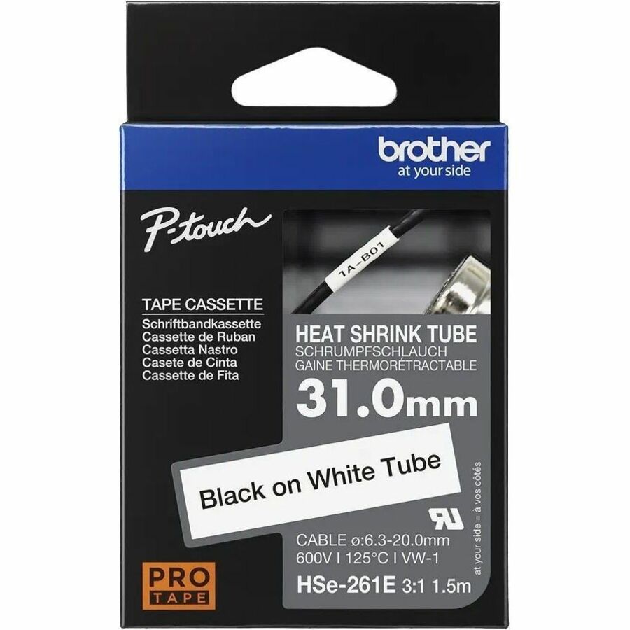 Brother HSe-261E Black on White Heat Shrink Tube Tape, 31 mm (1.22 in.) HSE261E