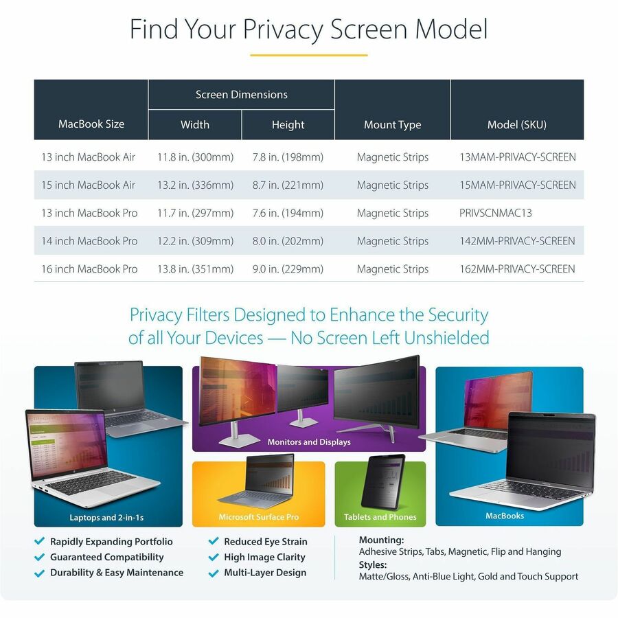 StarTech.com StarTech.com 16-inch MacBook Pro 21/23 Laptop Privacy Screen, Removable and Reversible Anti-Glare Blue Light Filter, Magnetic 162MM-PRIVACY-SCREEN