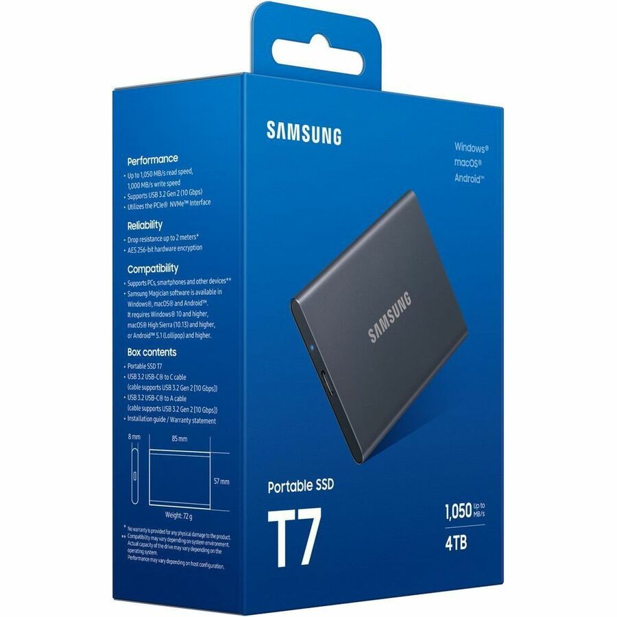 Samsung T7 4 TB Portable Solid State Drive - External - PCI Express NVMe - Titan Gray MU-PC4T0T/AM