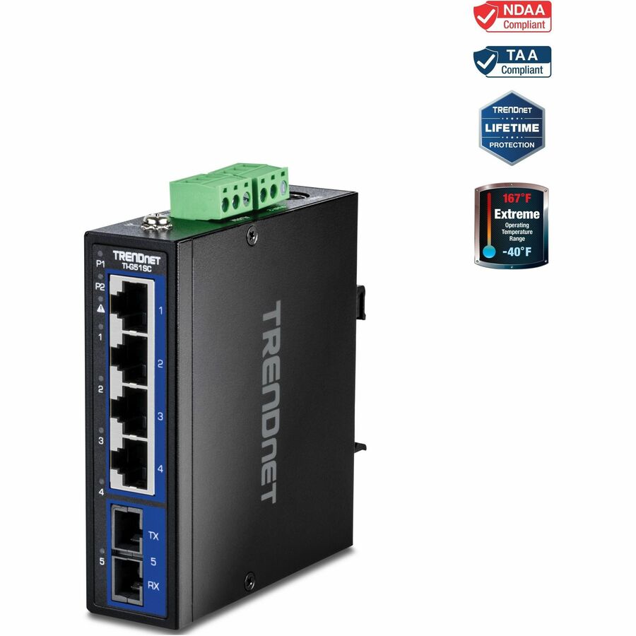 TRENDnet 5-Port Industrial Gigabit DIN-Rail Switch with Multi-Mode SC Port TI-G51SC