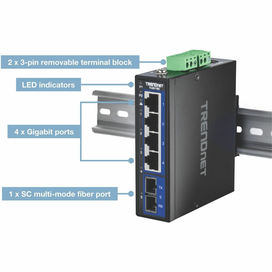 TRENDnet 5-Port Industrial Gigabit DIN-Rail Switch with Multi-Mode SC Port TI-G51SC